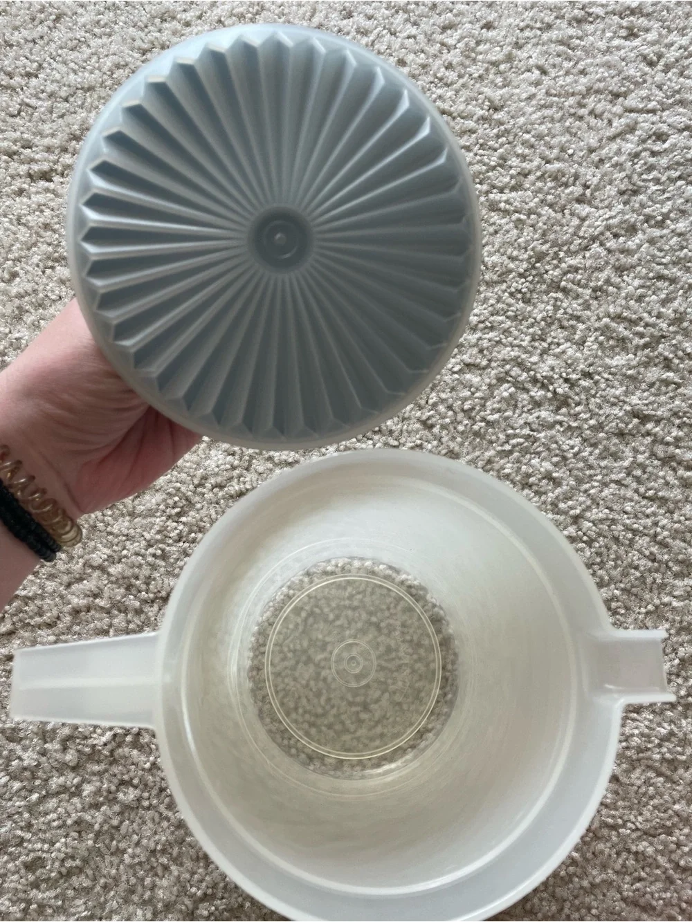 Tupperware Frosted White Pitcher with Blue Lid